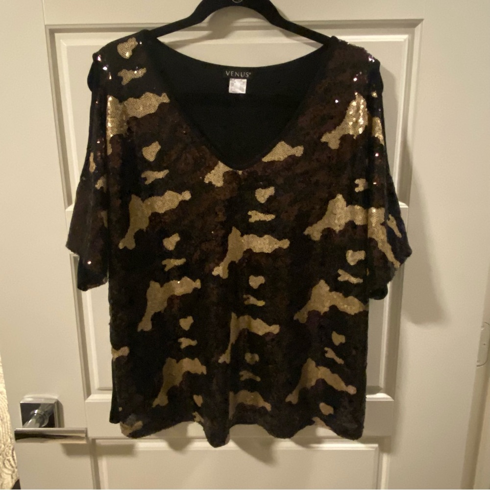 Brown and Gold Sequined Camo Cold-shoulder Top by Venus